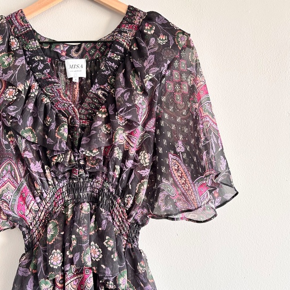 MISA Marni Printed Chiffon Midi Dress Size Small Black Boho Paisley - Picture 7 of 16